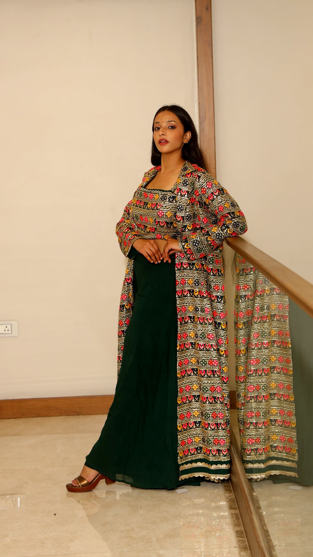 Bottle Green Embroidered Crop Top with Shrug