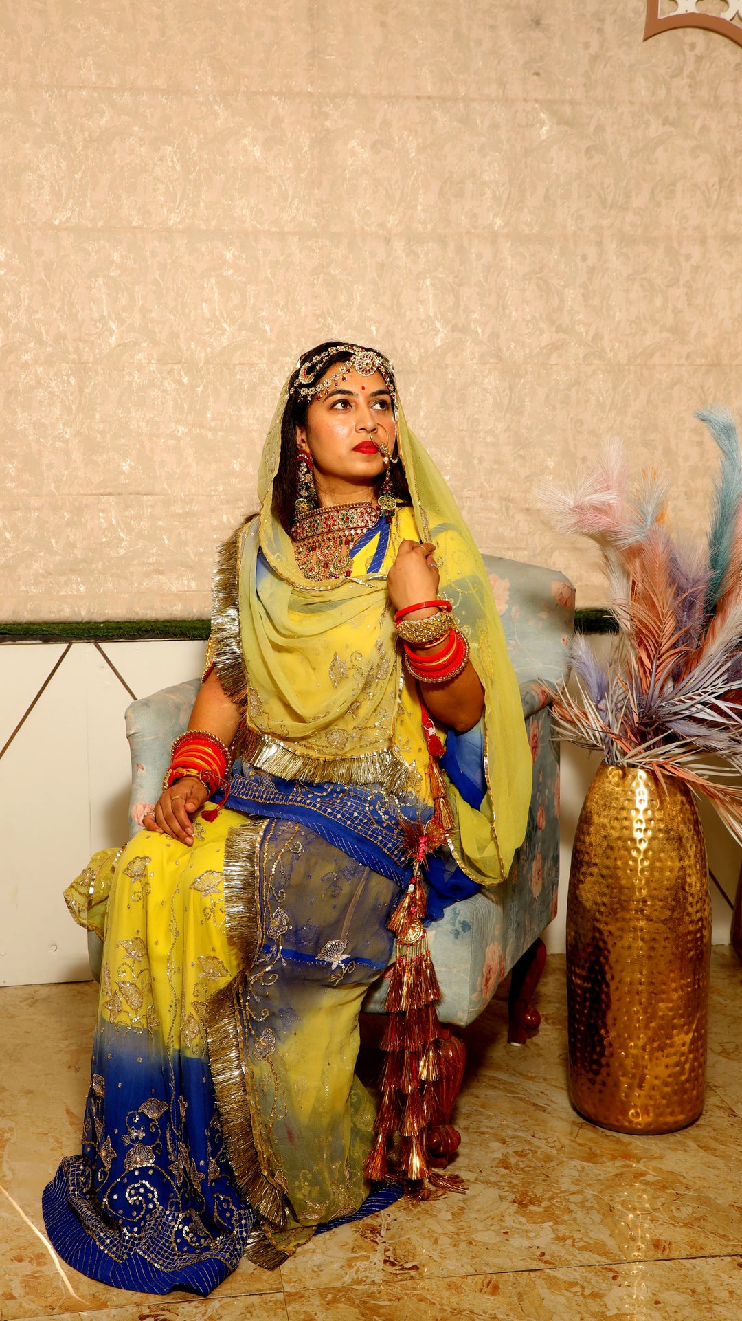 Yellow & Blue Rajputi Poshak with Handcrafted Sequins Work