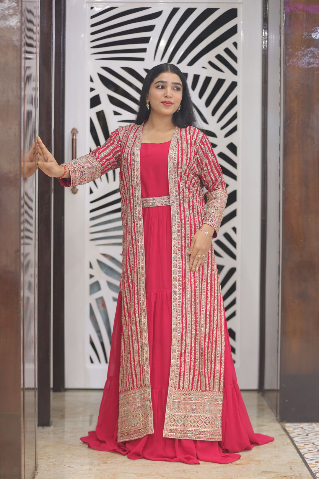 Red Anarkali with Shrug