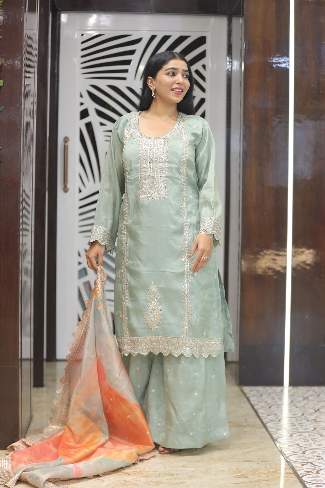 Plazo Kurti Set with Colourful Chinon Dupatta