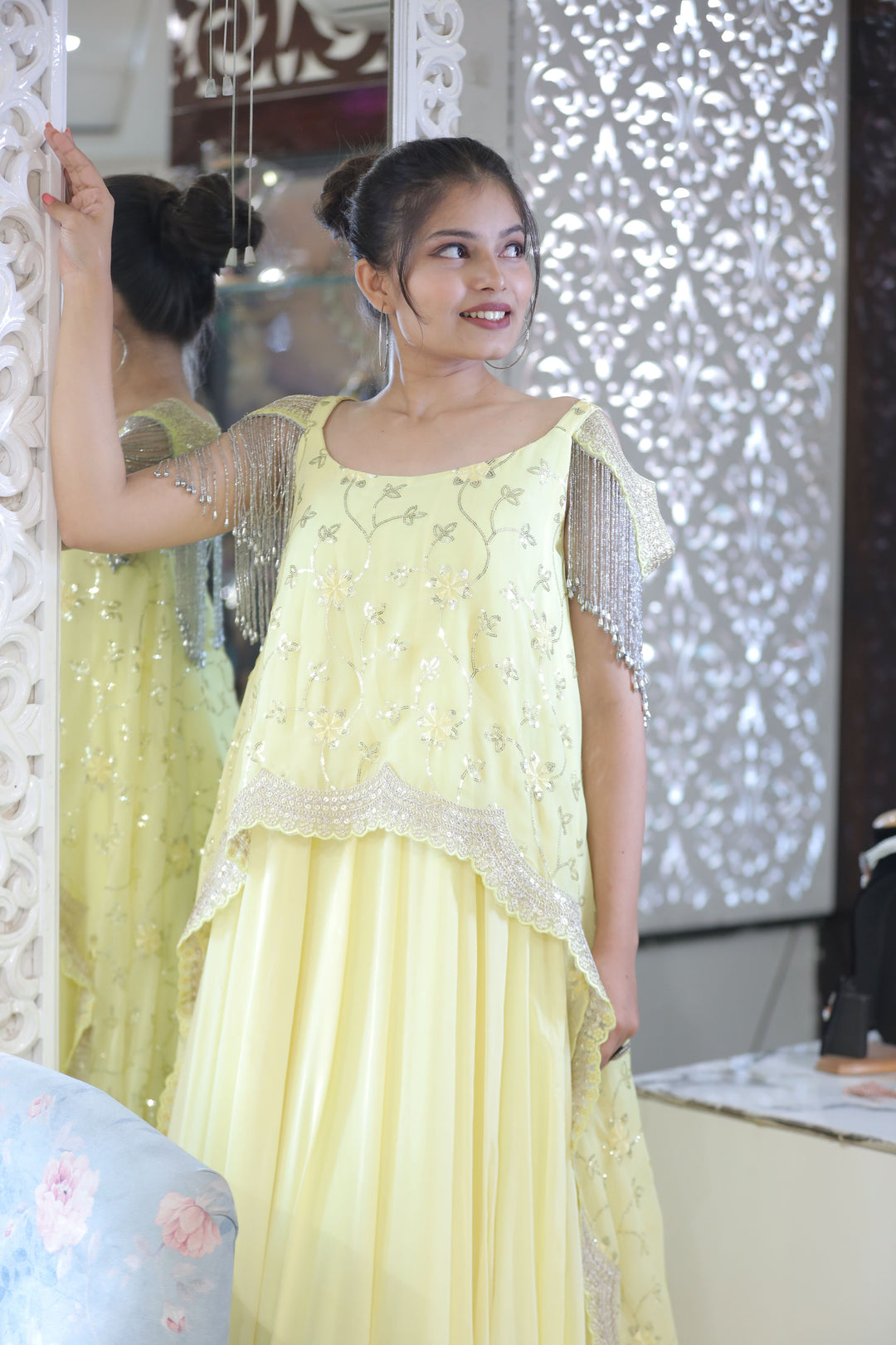 Yellow Georgette Gown with Sitara Handwork