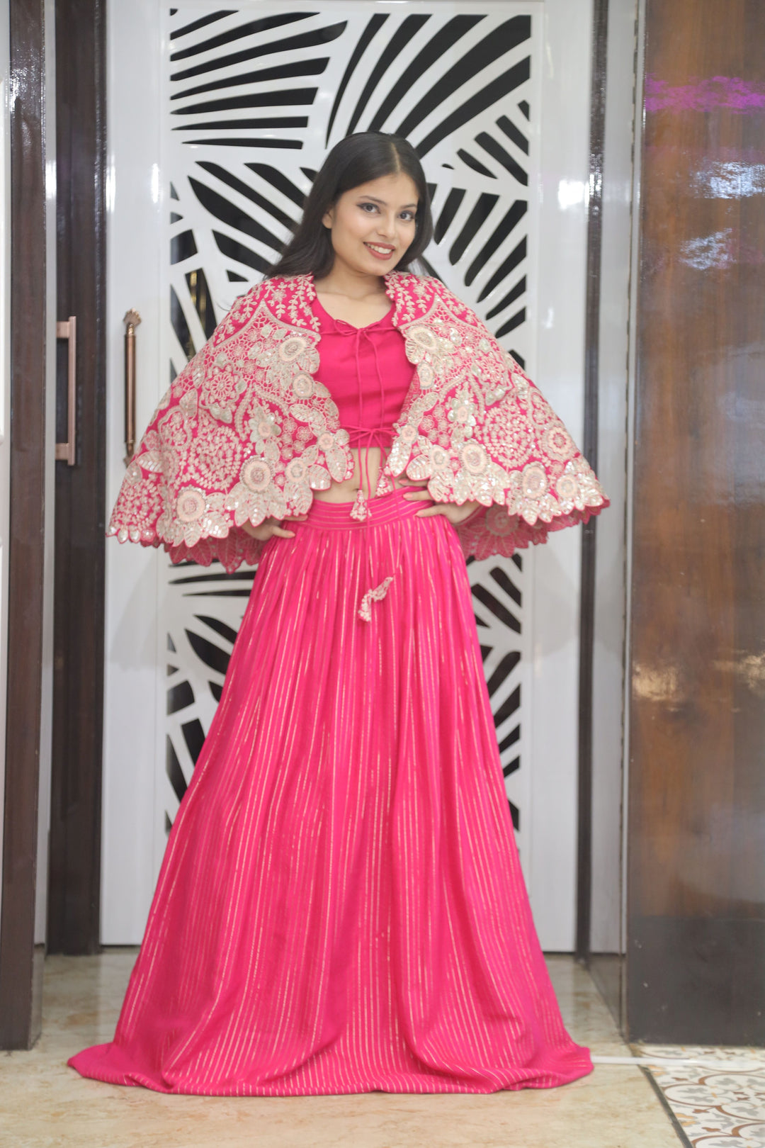 Pink Crop Top Lehenga with Cape
