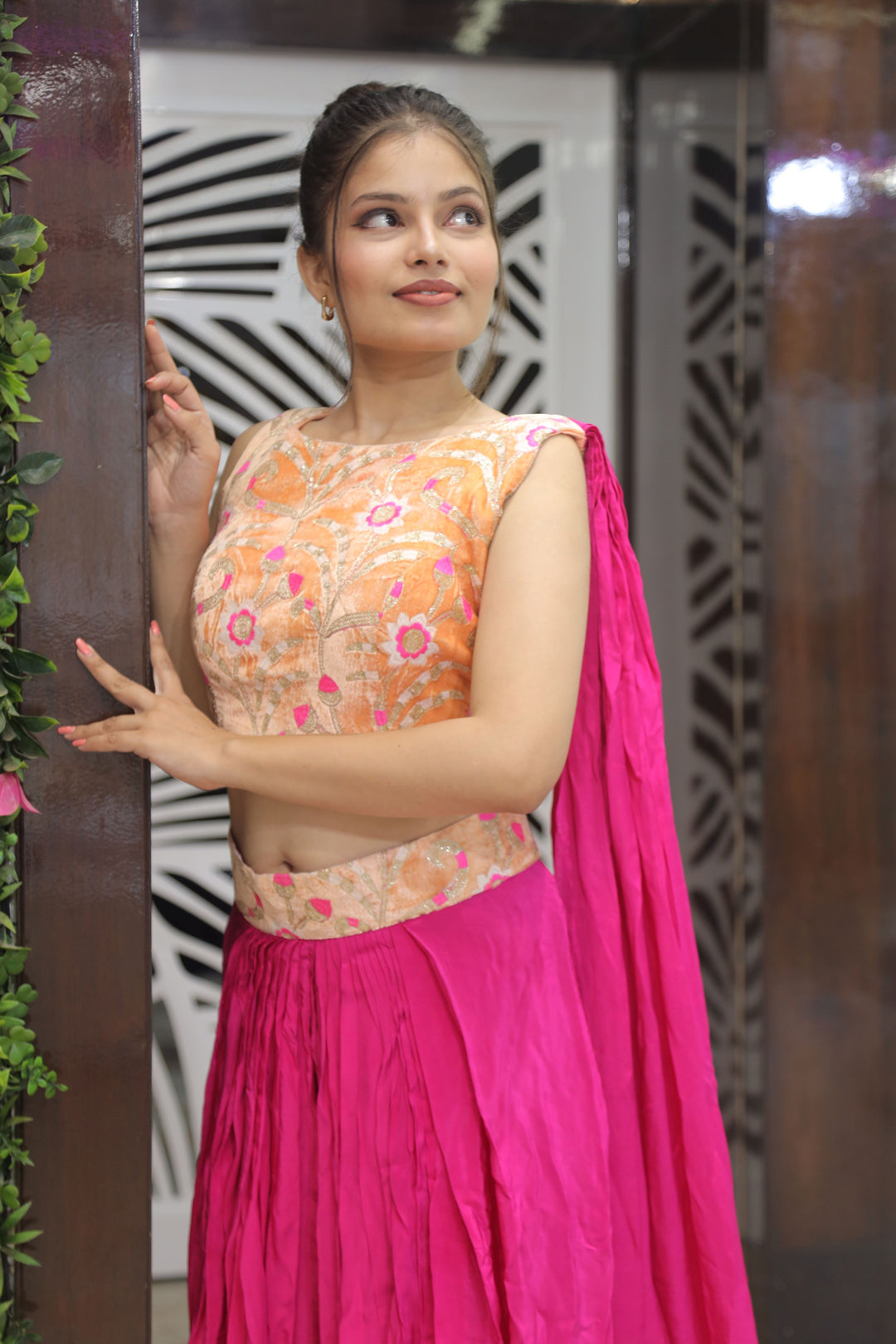Vibrant Pink Dhoti with Peach-Orange Velvet Top – Contemporary Ethnic Chic