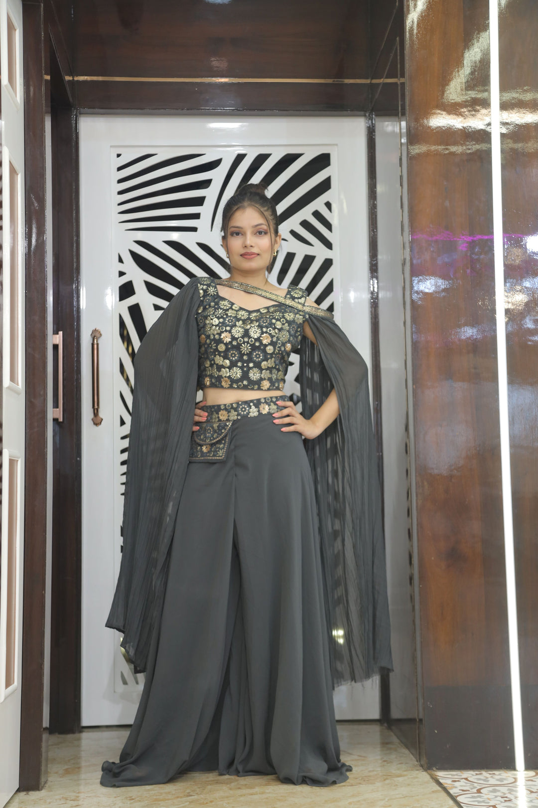 Elegant Black Crop Top with Plazo & Dupatta