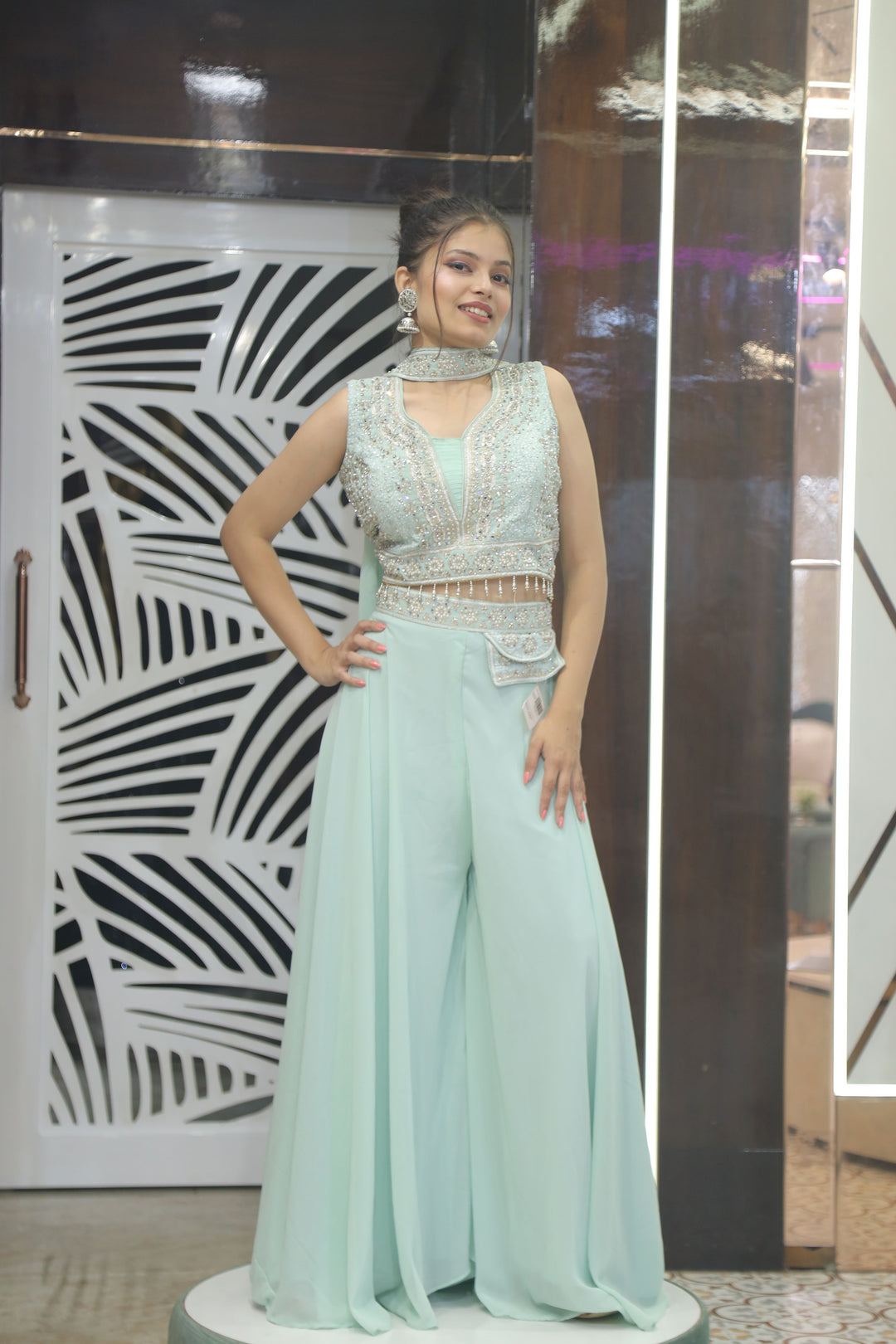 Refreshing Sea Blue Crop Top with Plazo