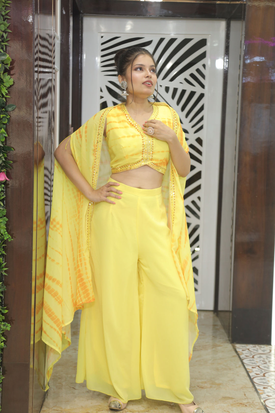 Bright Yellow Crop Top with Elegant Shrug