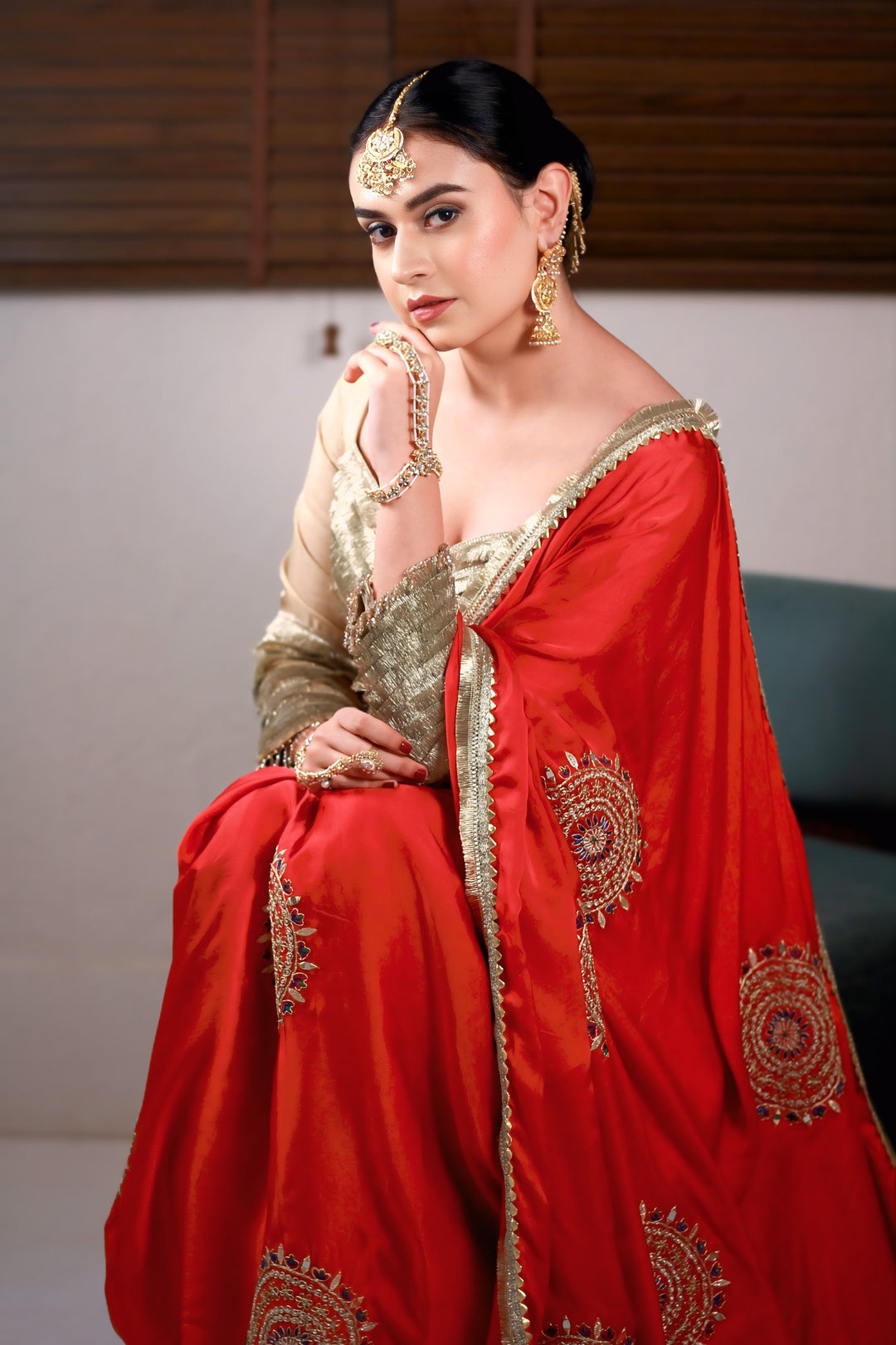 Pure Red crepe Handworked Saree