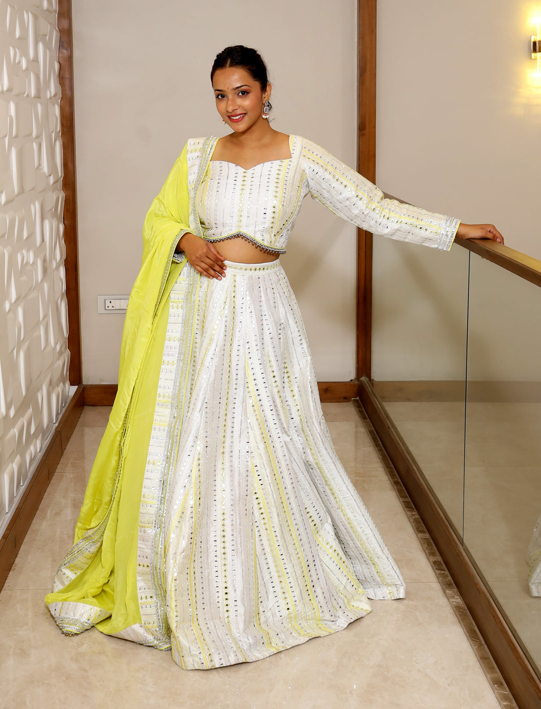 Vaarabella White Lehenga - Yellow Dupatta