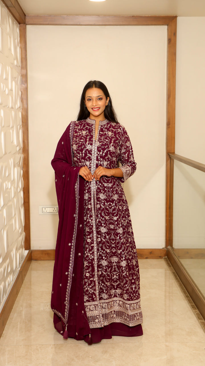 Wine Anarkali with Skirt
