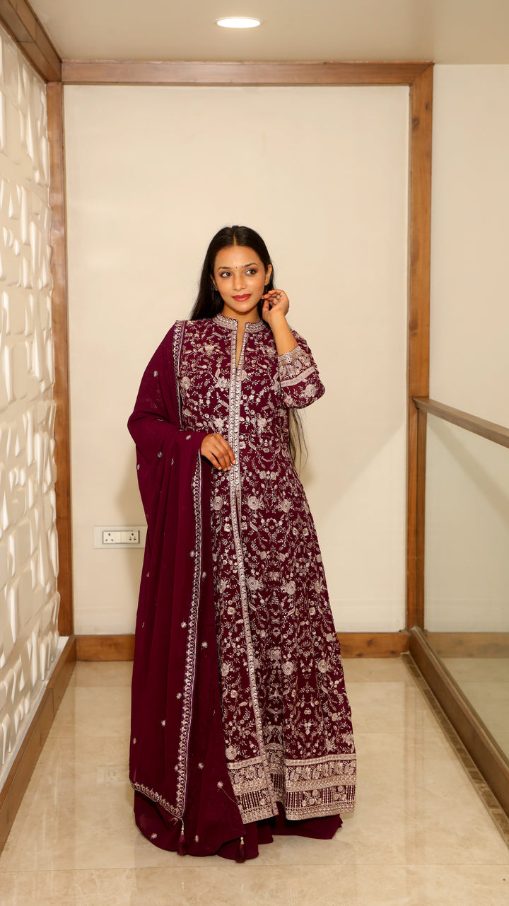 Wine Anarkali with Skirt