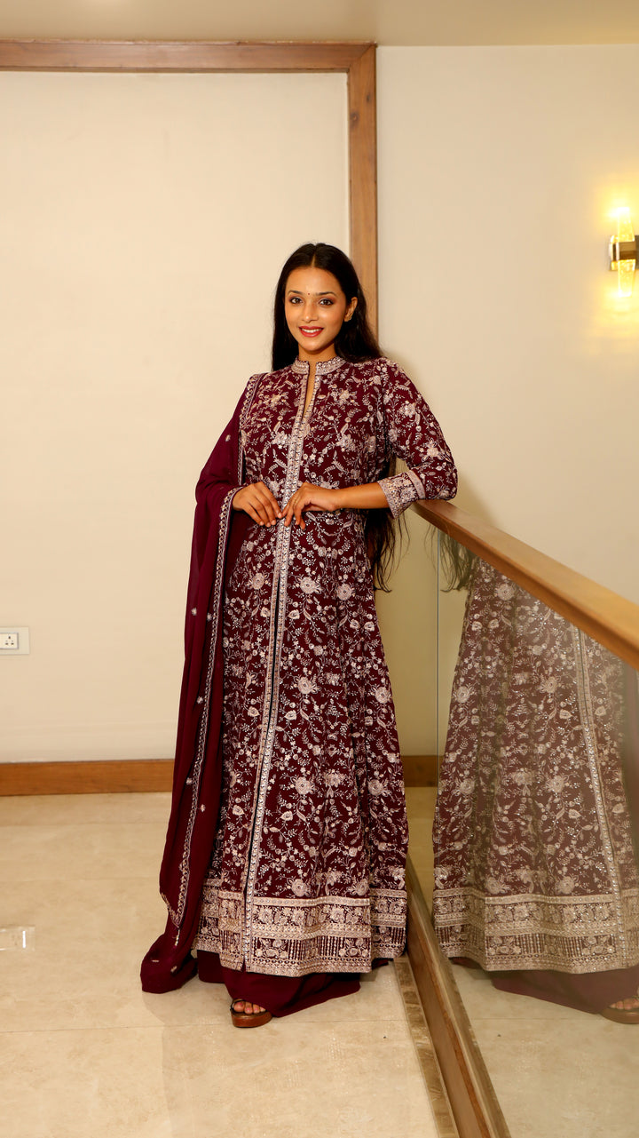 Wine Anarkali with Skirt