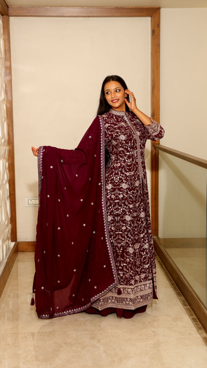 Wine Anarkali with Skirt