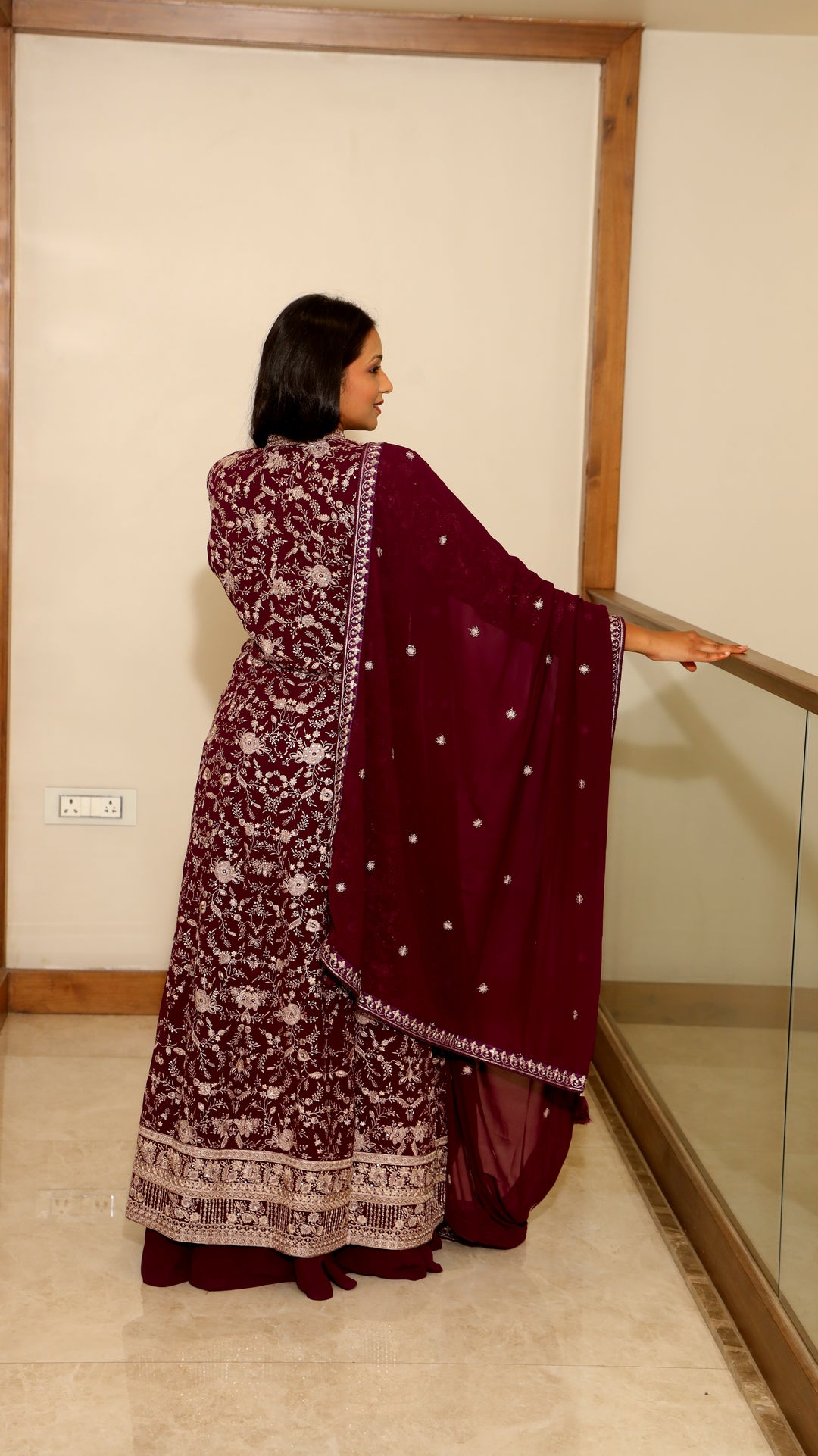 Wine Anarkali with Skirt