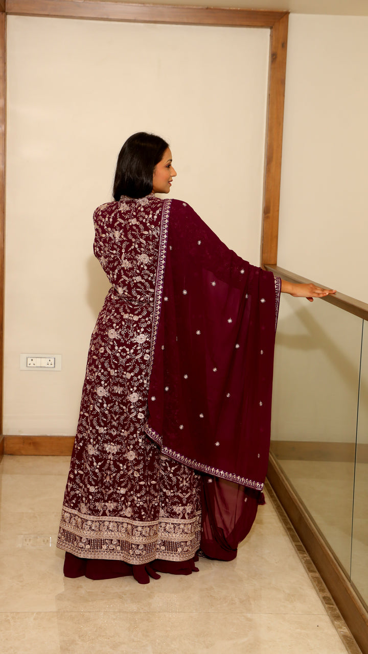 Wine Anarkali with Skirt