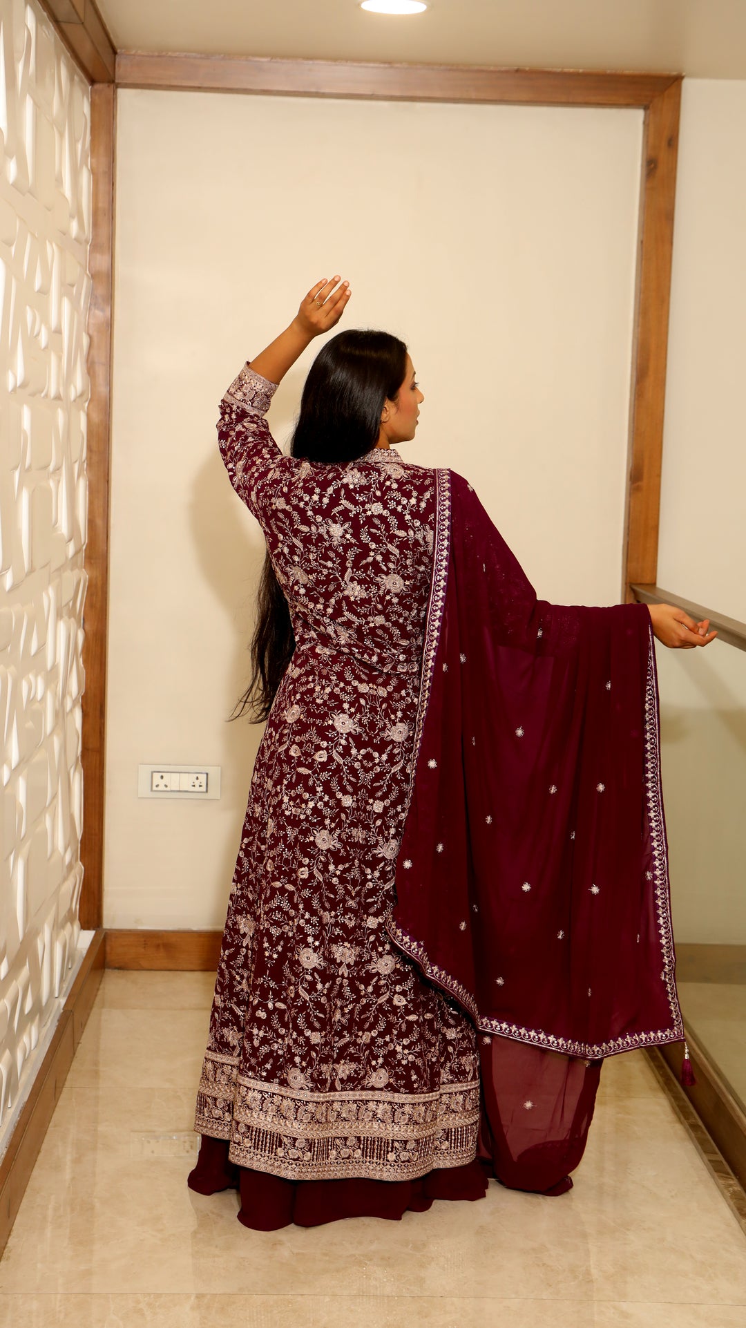 Wine Anarkali with Skirt