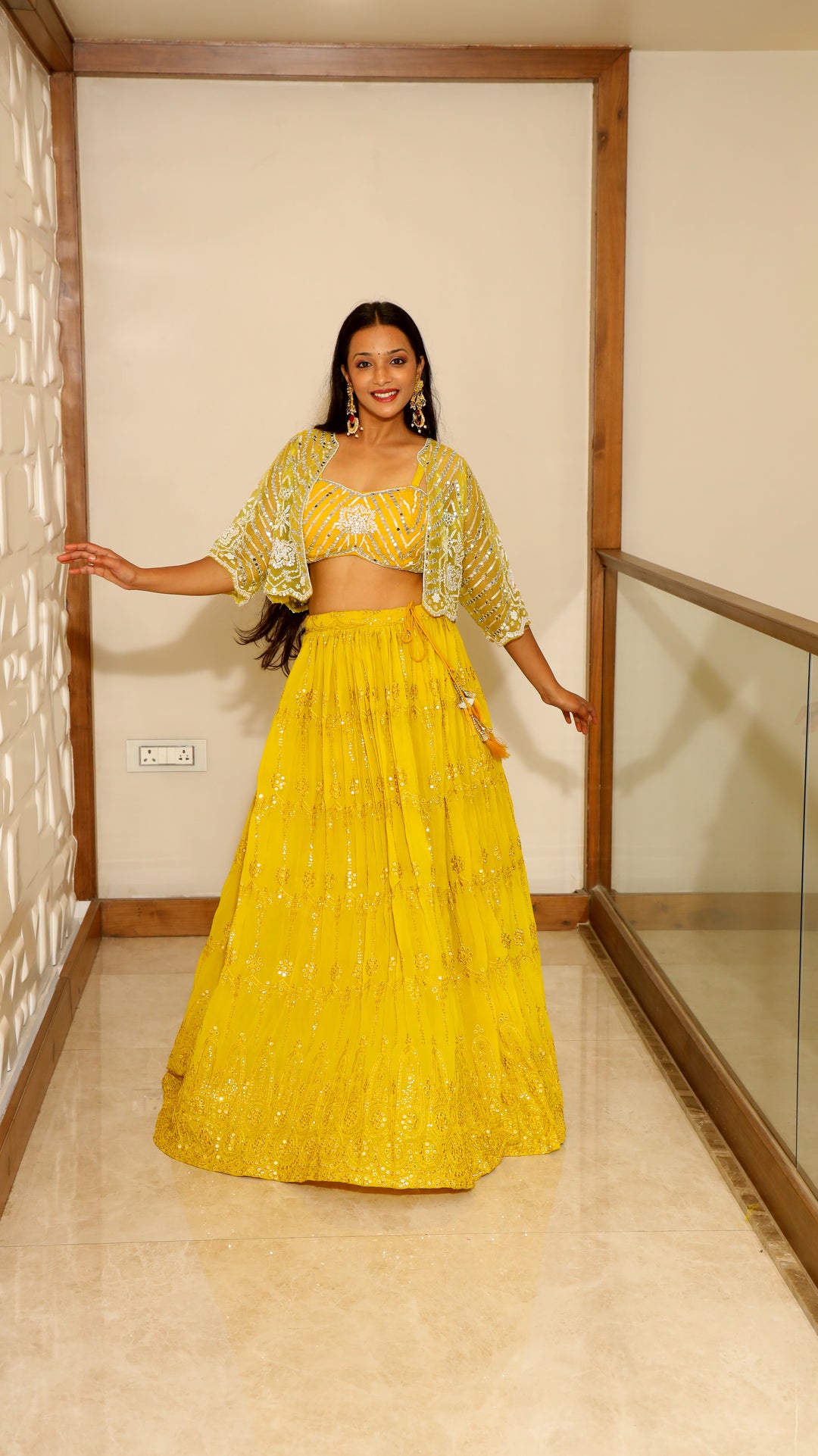 Yellow Crop Top with Skirt and Short Shrug