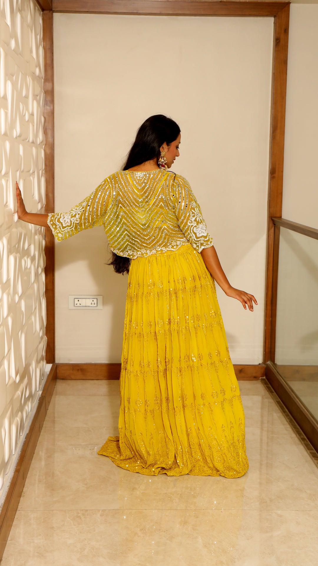 Yellow Crop Top with Skirt and Short Shrug