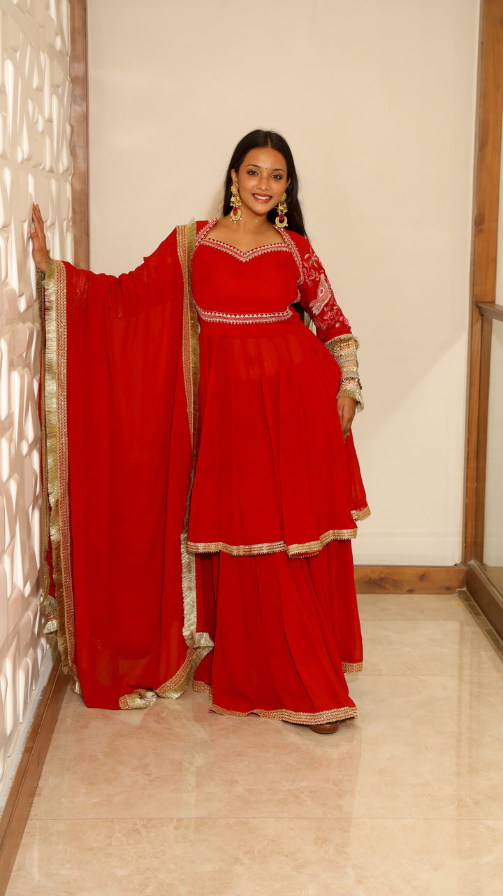 Red Short Anarkali with Lehenga