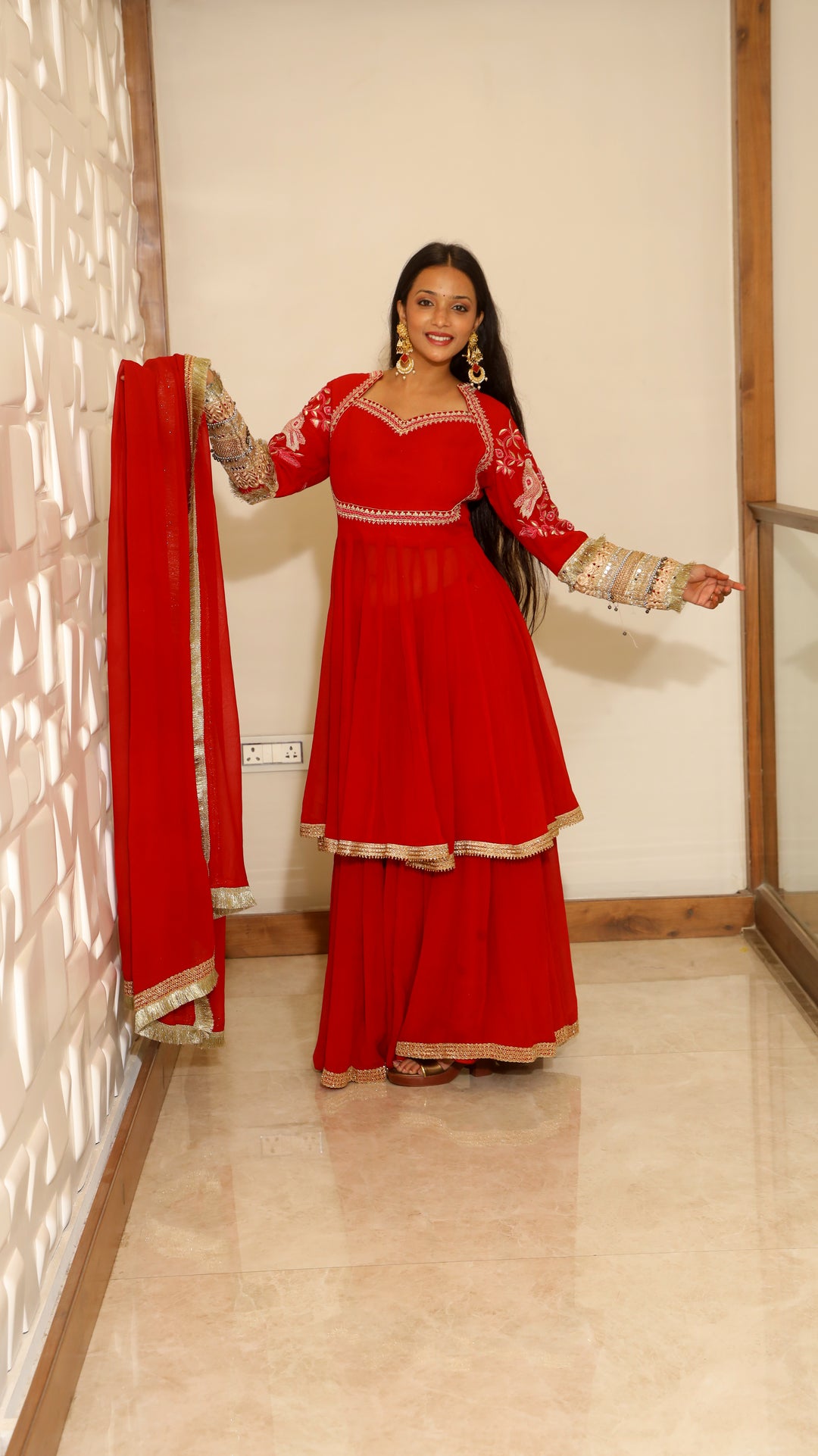 Red Short Anarkali with Lehenga