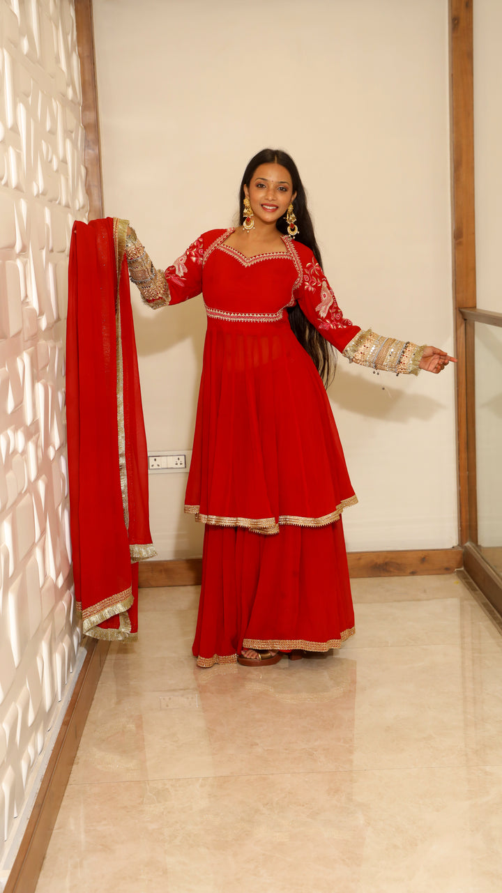 Red Short Anarkali with Lehenga