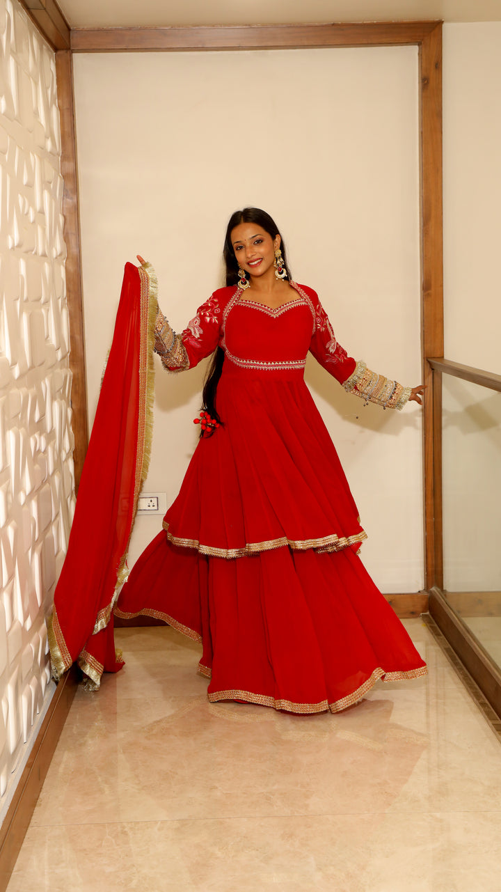 Red Short Anarkali with Lehenga