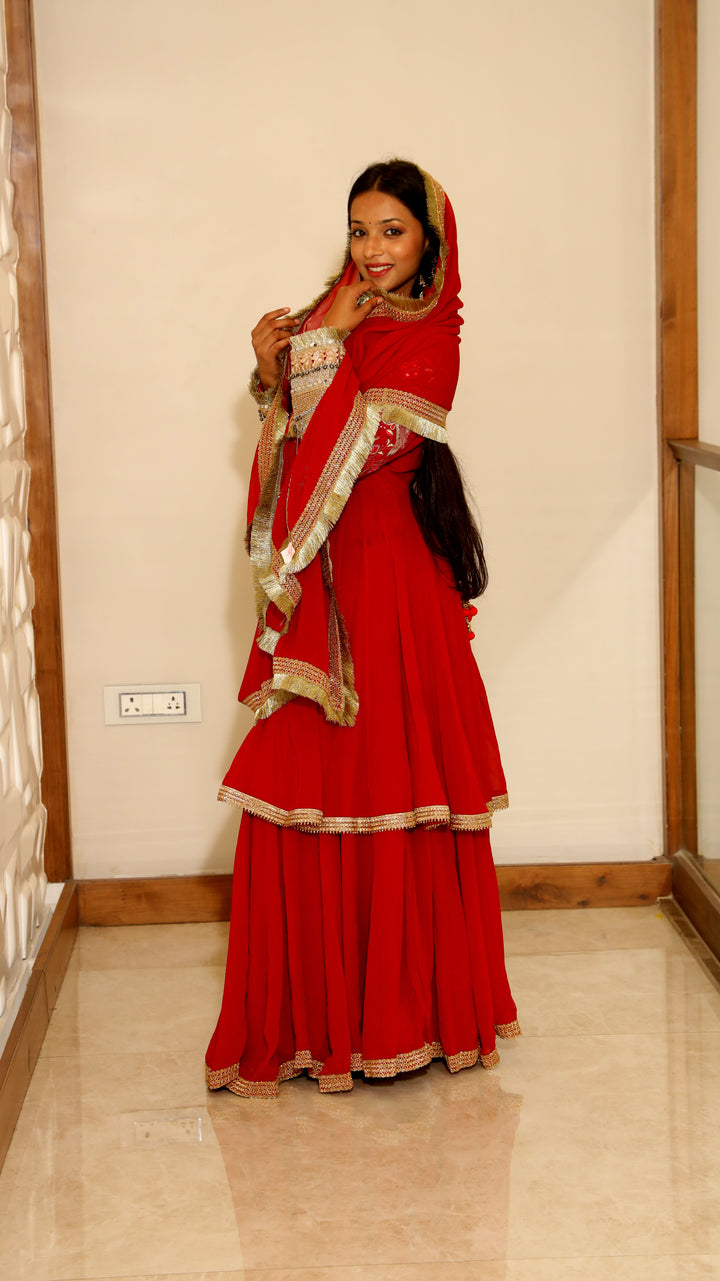 Red Short Anarkali with Lehenga