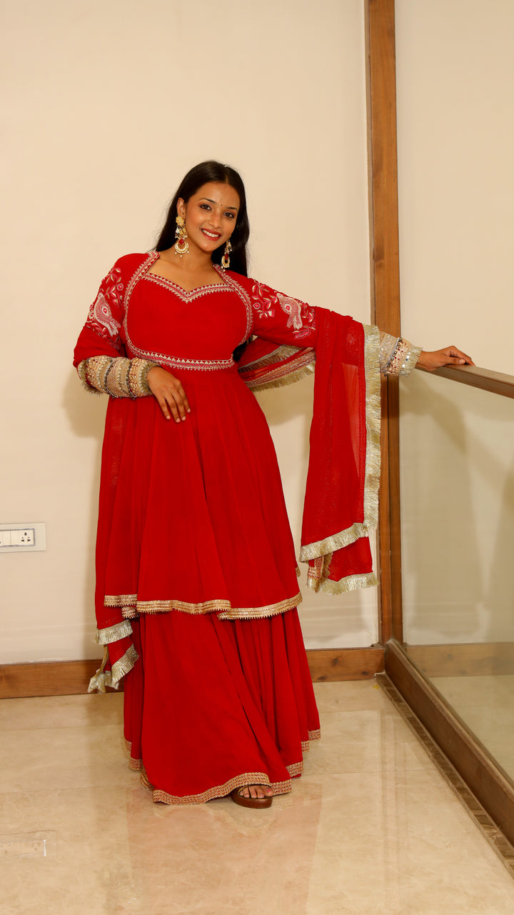 Red Short Anarkali with Lehenga