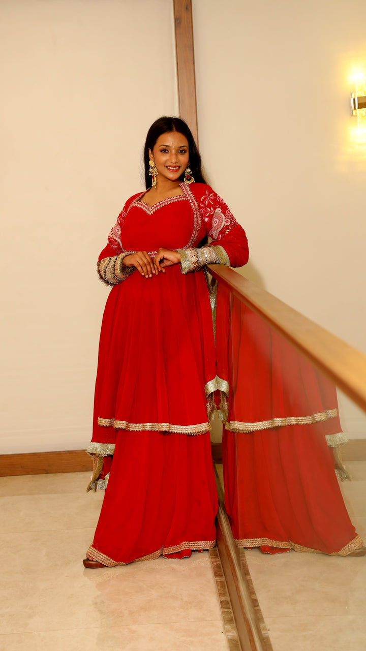 Red Short Anarkali with Lehenga