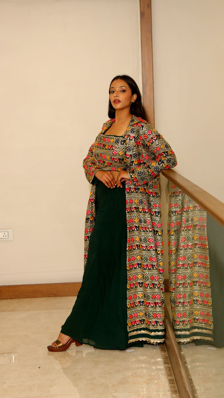 Bottle Green Embroidered Crop Top with Shrug