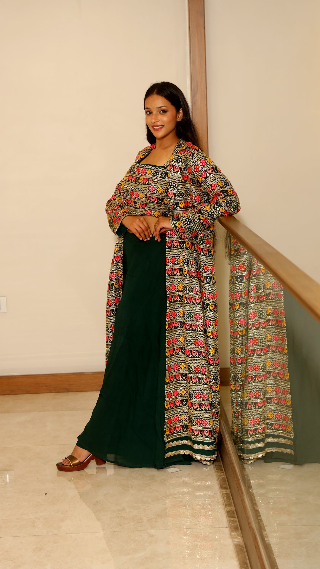 Bottle Green Embroidered Crop Top with Shrug