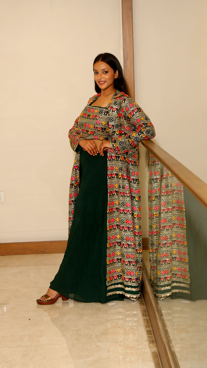 Bottle Green Embroidered Crop Top with Shrug