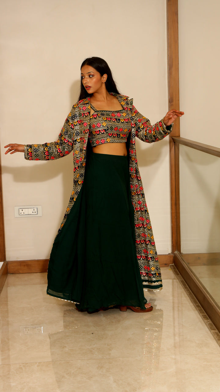 Bottle Green Embroidered Crop Top with Shrug