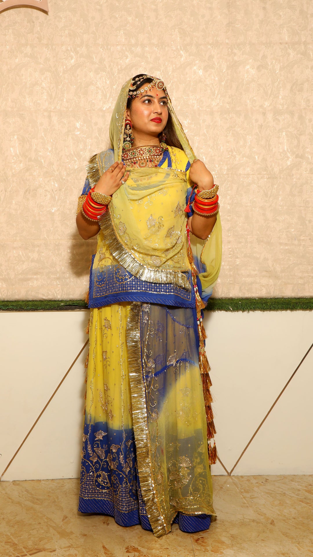 Yellow & Blue Rajputi Poshak with Handcrafted Sequins Work