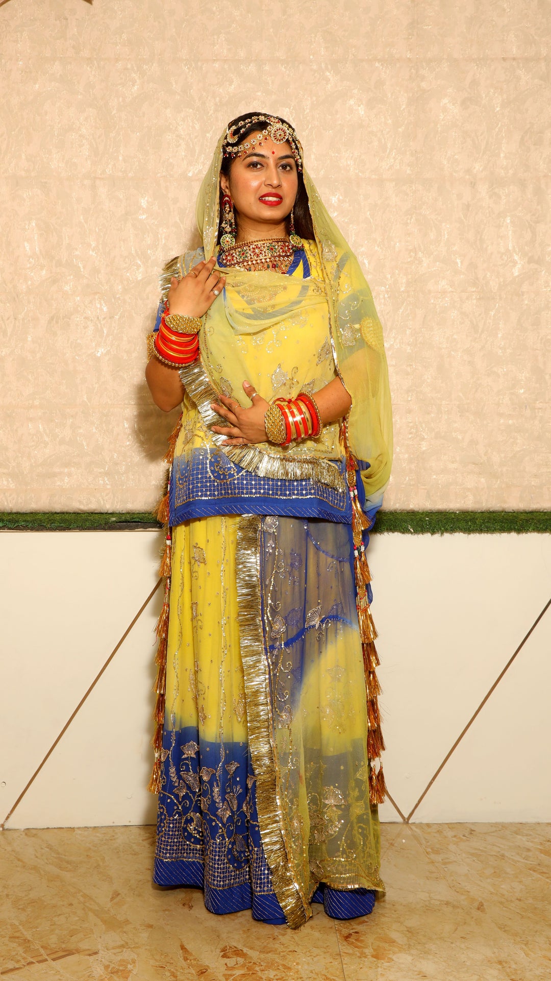 Yellow & Blue Rajputi Poshak with Handcrafted Sequins Work