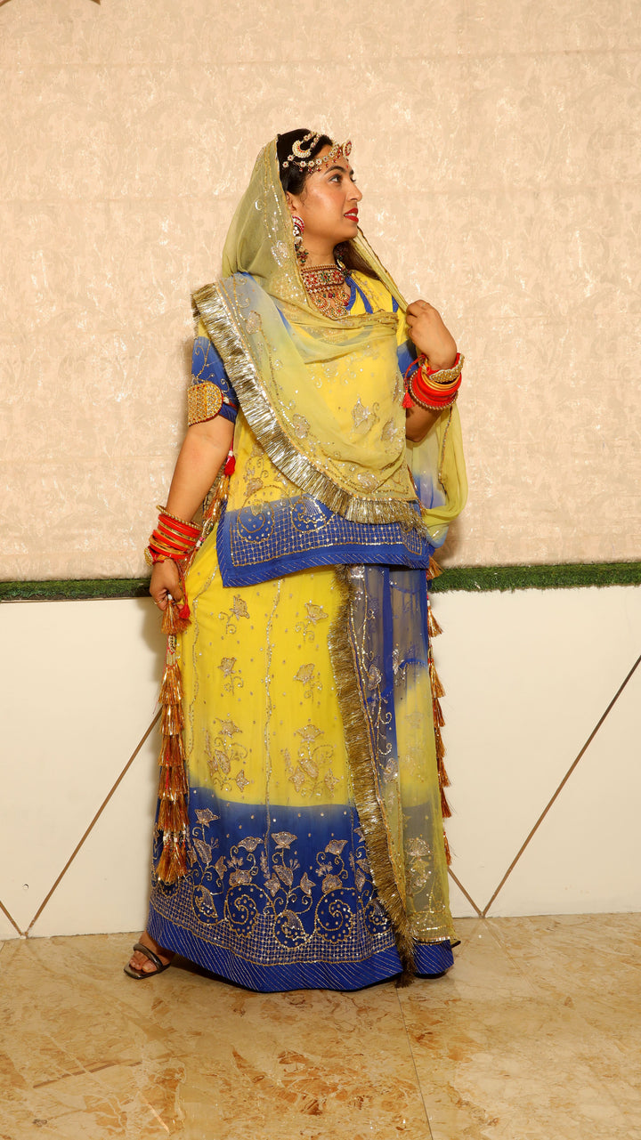 Yellow & Blue Rajputi Poshak with Handcrafted Sequins Work