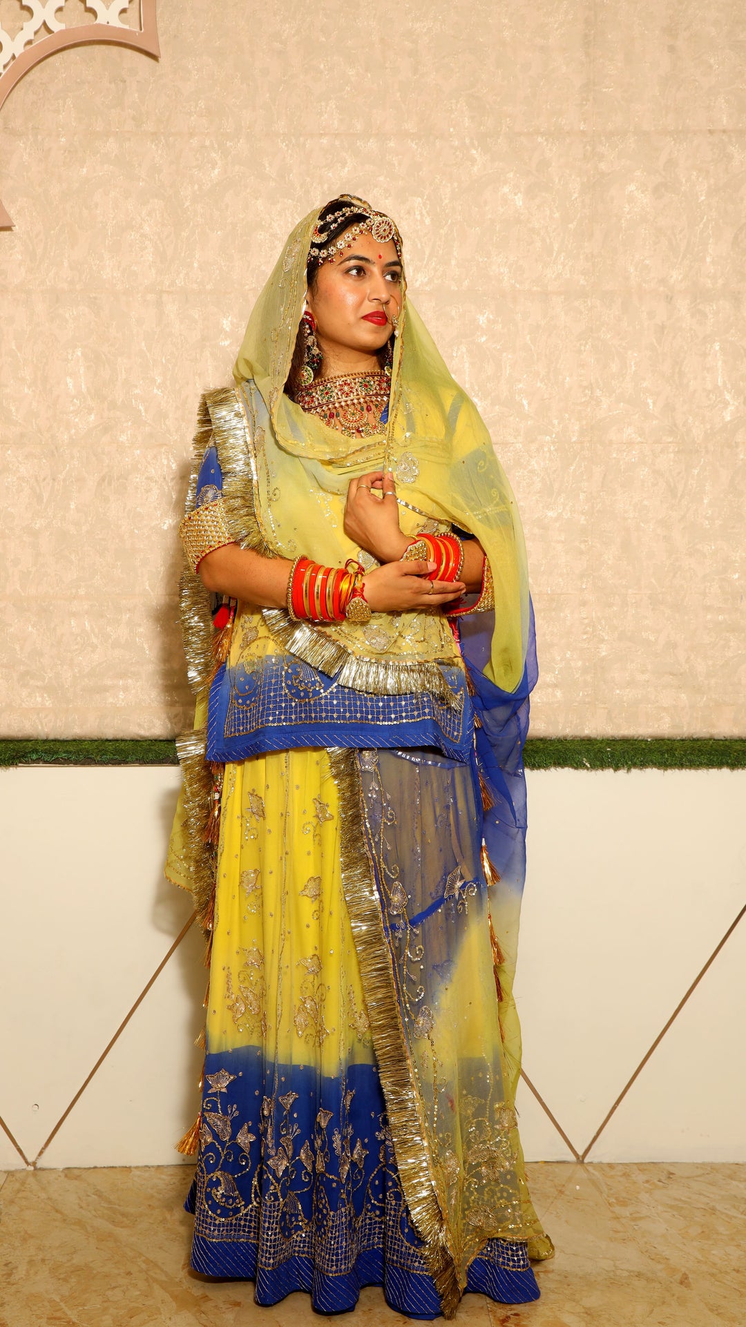Yellow & Blue Rajputi Poshak with Handcrafted Sequins Work