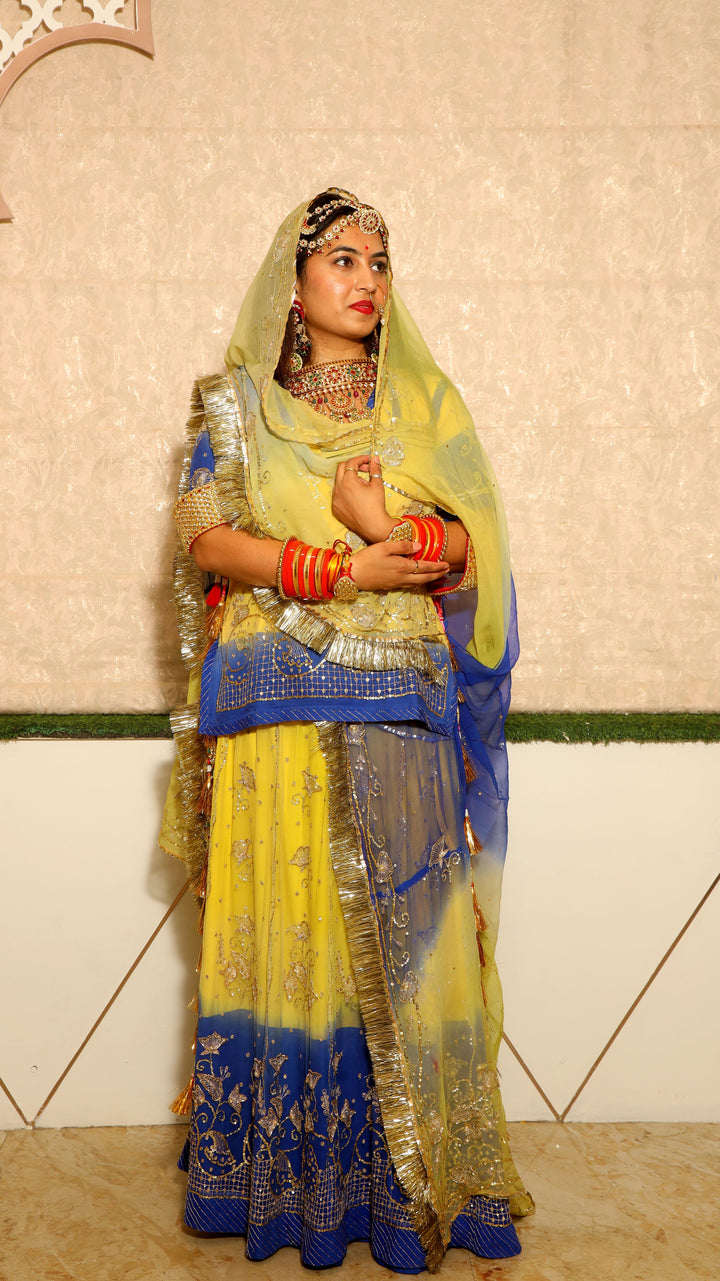 Yellow & Blue Rajputi Poshak with Handcrafted Sequins Work