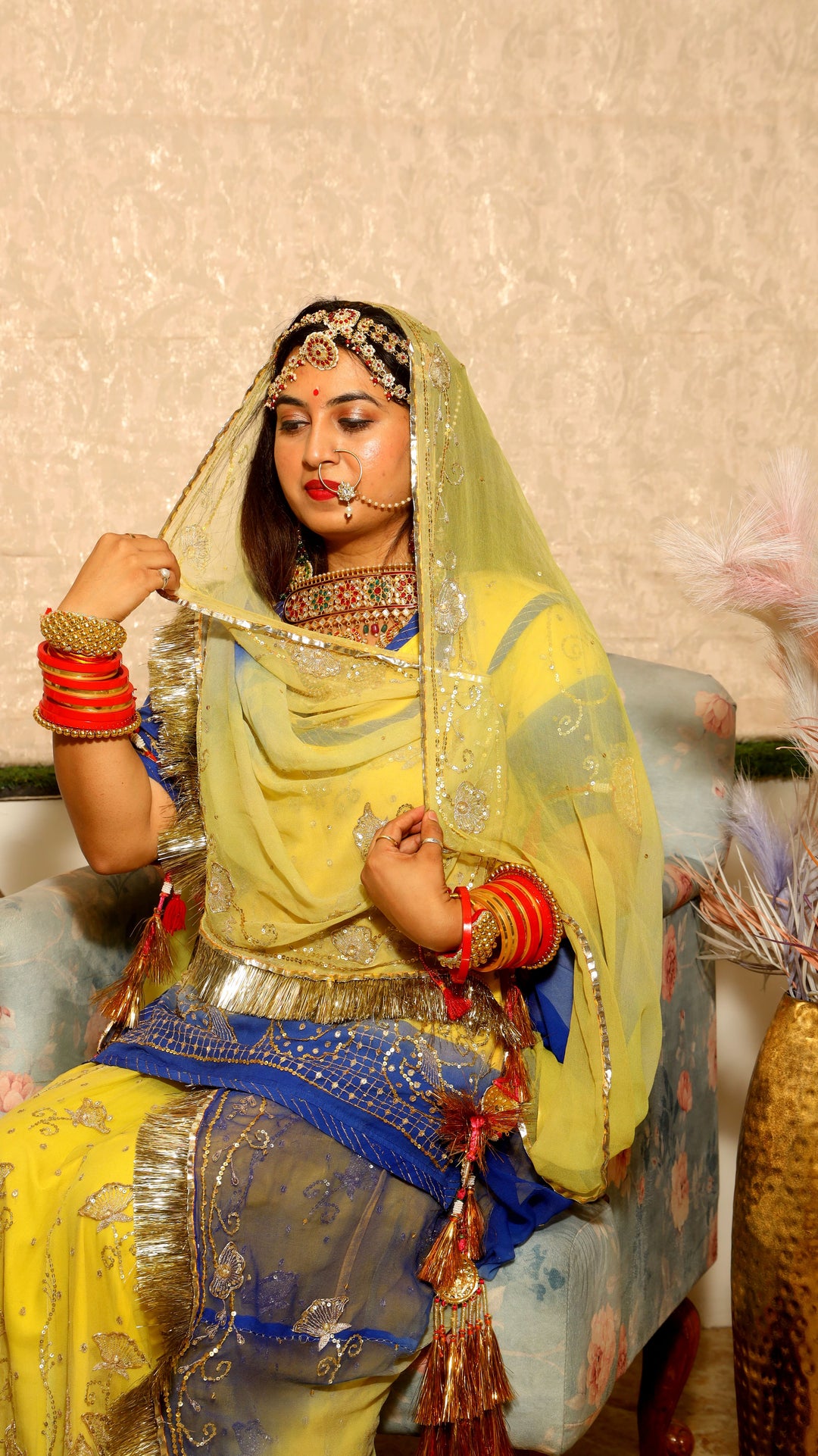Yellow & Blue Rajputi Poshak with Handcrafted Sequins Work