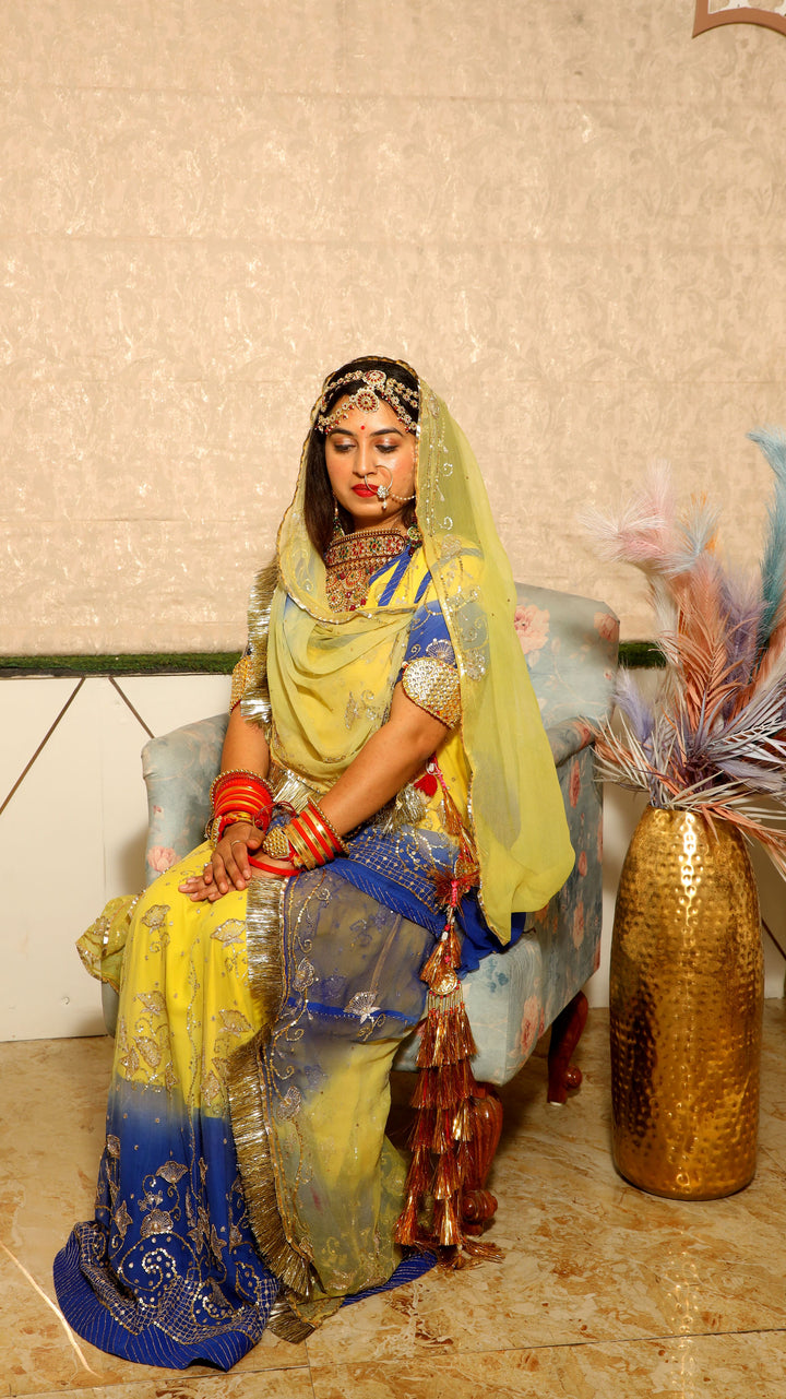 Yellow & Blue Rajputi Poshak with Handcrafted Sequins Work
