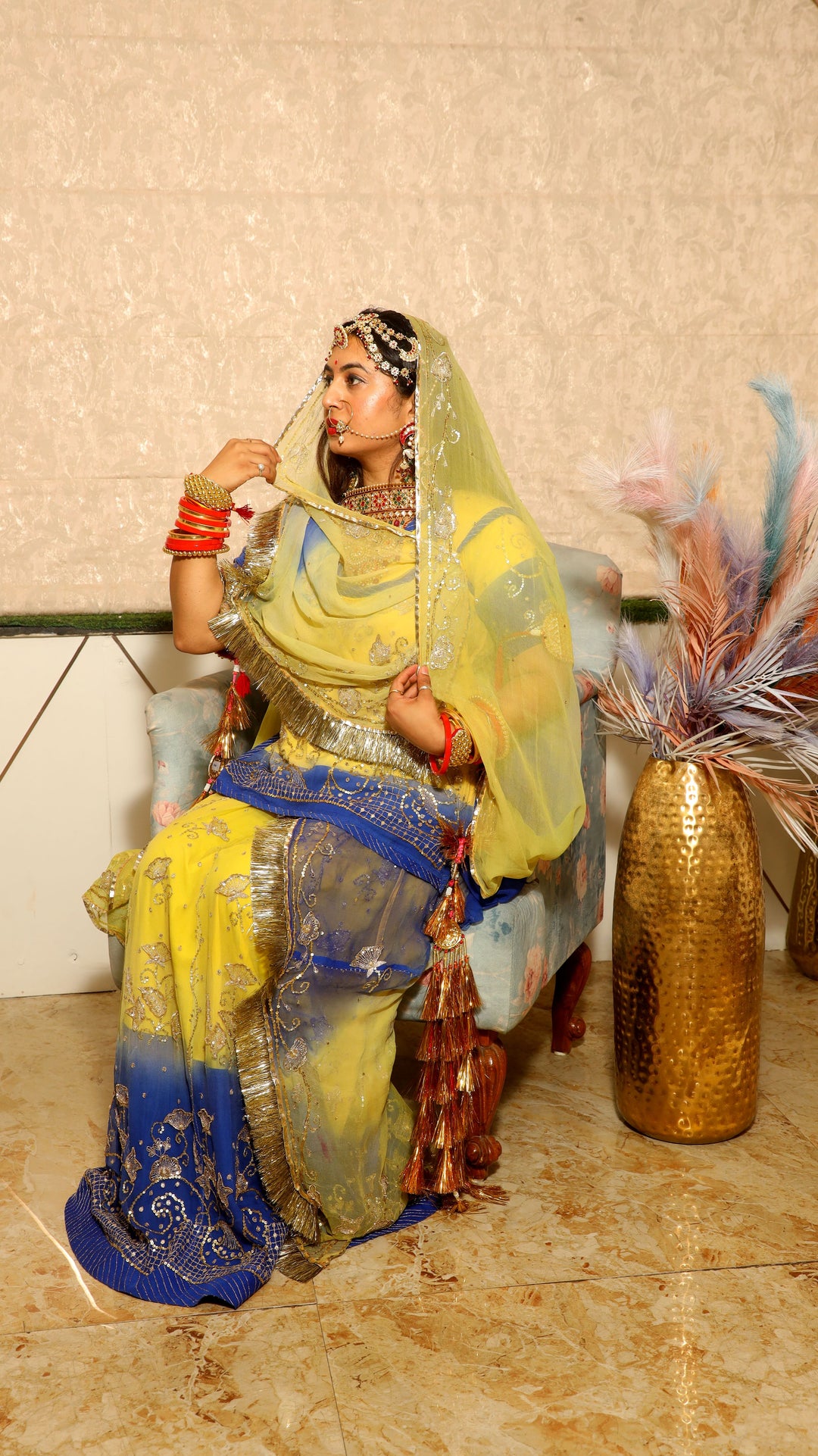 Yellow & Blue Rajputi Poshak with Handcrafted Sequins Work