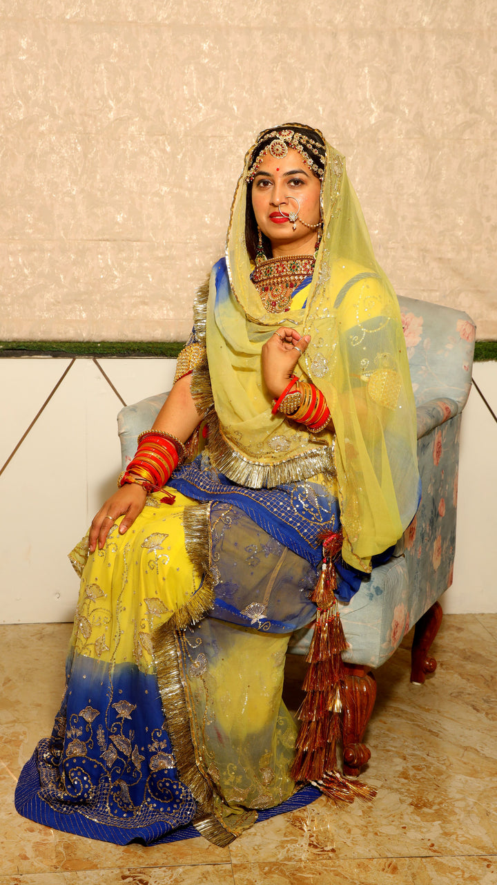 Yellow & Blue Rajputi Poshak with Handcrafted Sequins Work