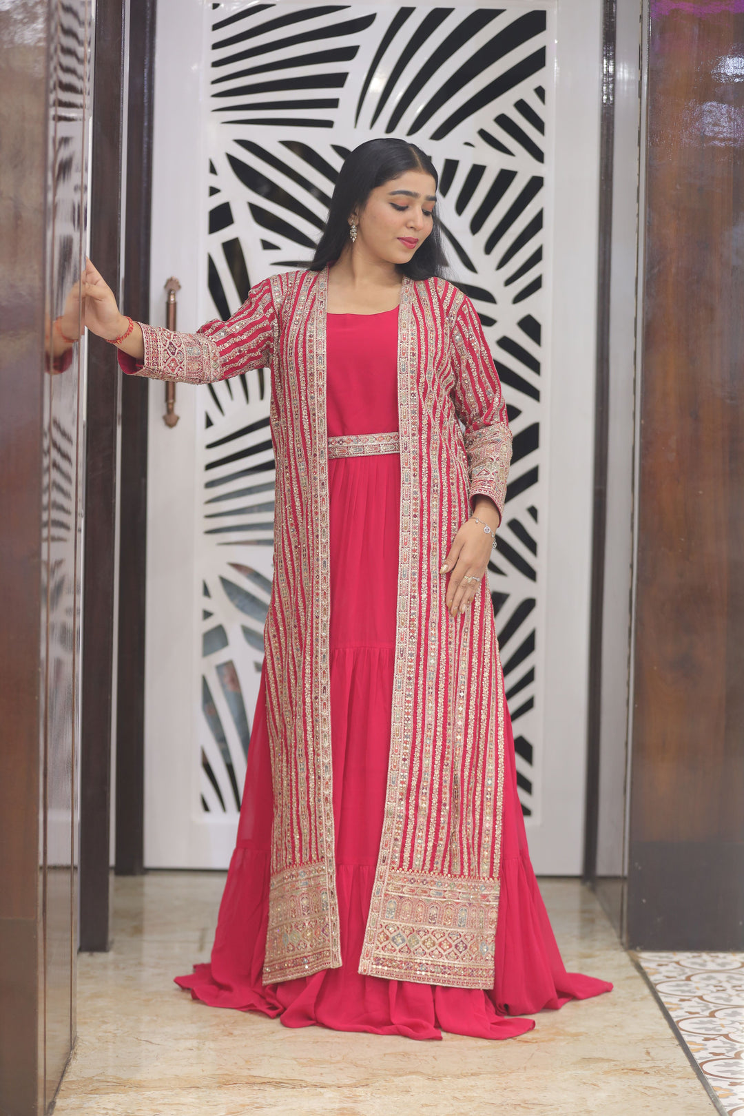 Red Anarkali with Shrug