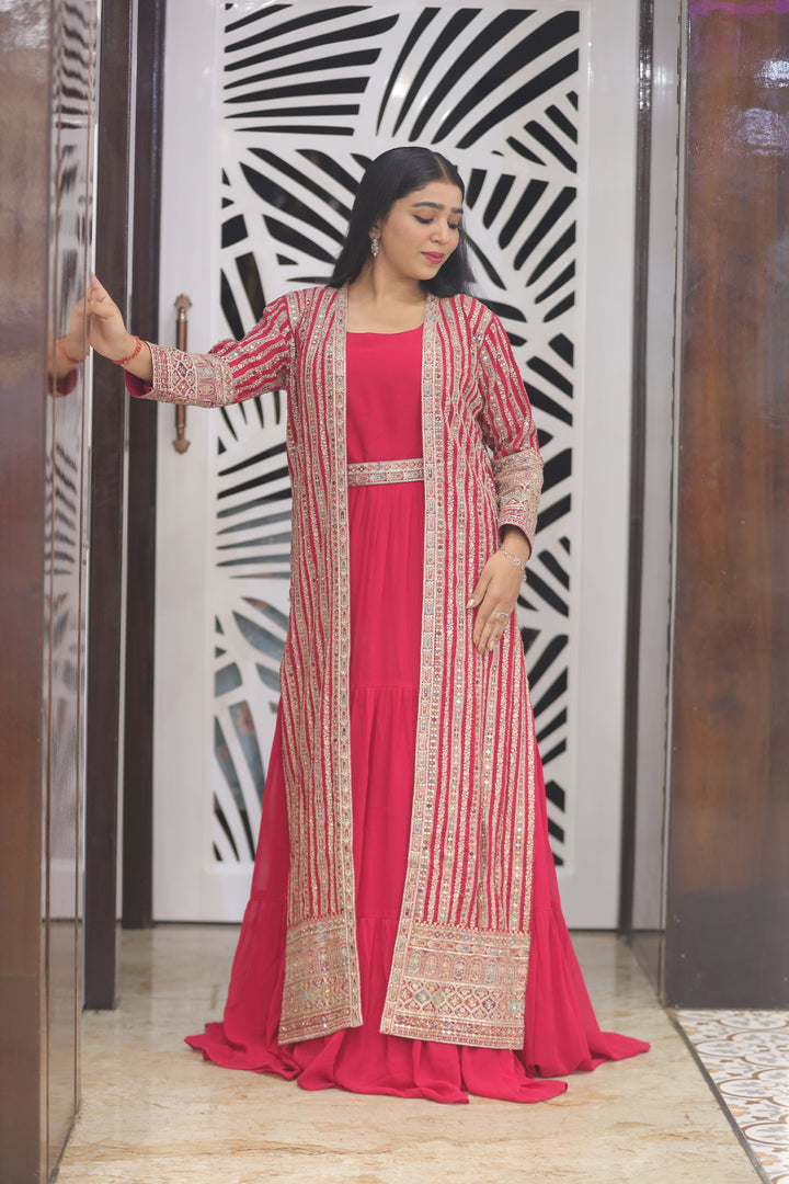 Red Anarkali with Shrug