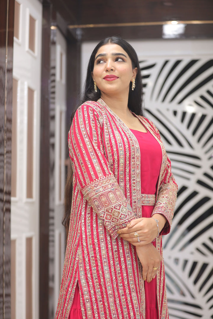 Red Anarkali with Shrug