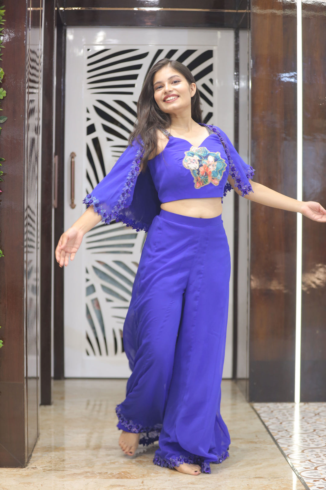 Dark Blue Crop Top with Plazzo and Cape