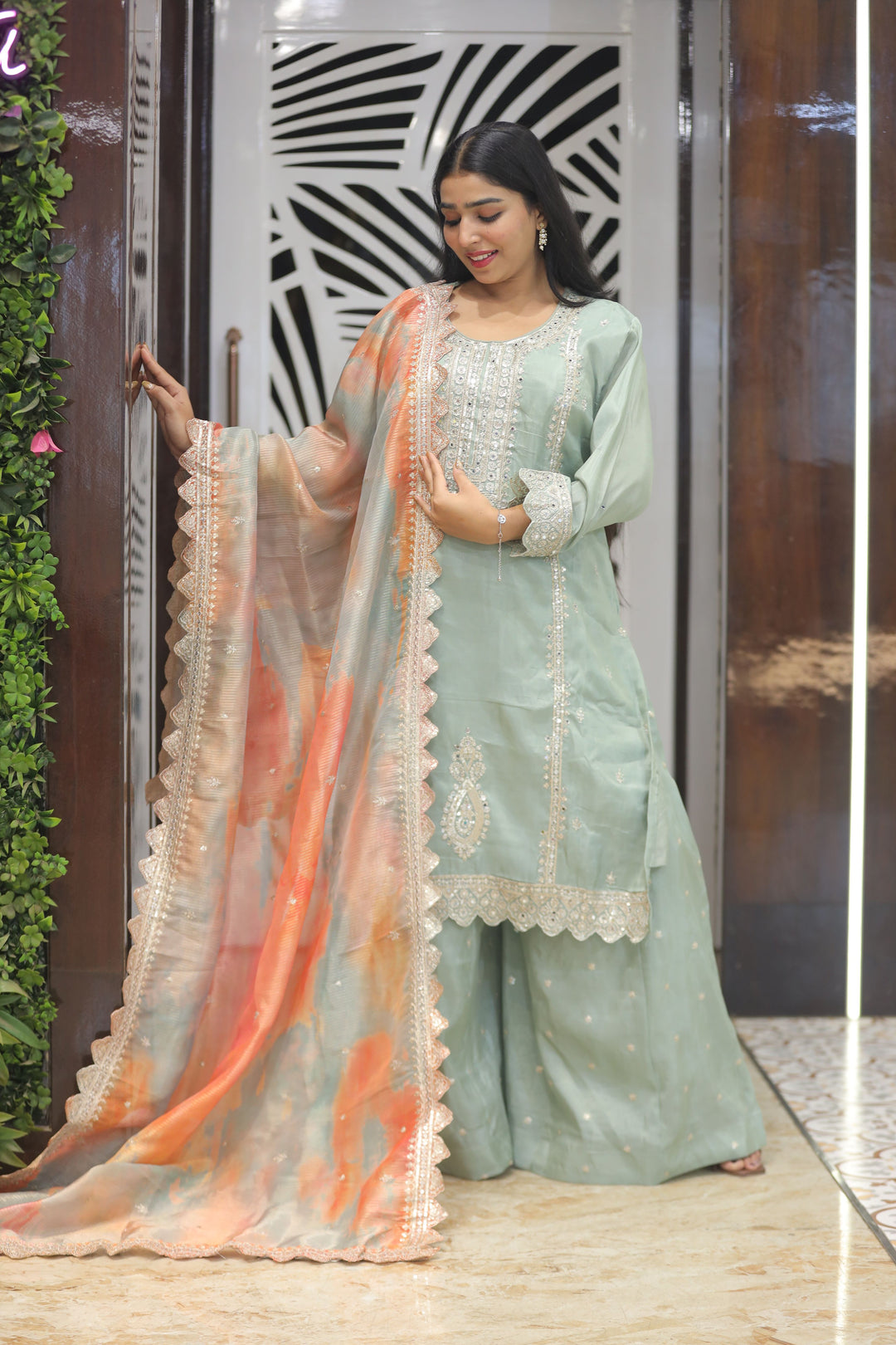 Plazo Kurti Set with Colourful Chinon Dupatta