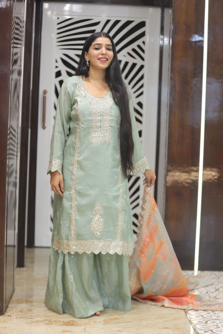Plazo Kurti Set with Colourful Chinon Dupatta