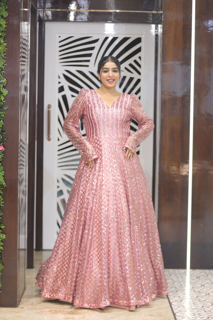 Rose Gold Pink Sequins Evening Gown