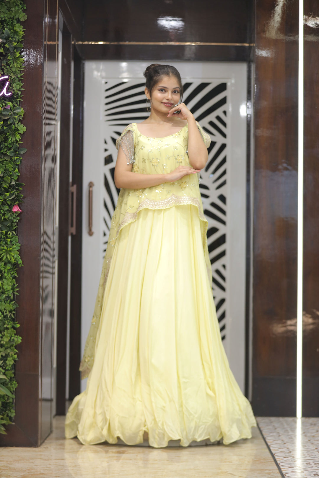 Yellow Georgette Gown with Sitara Handwork
