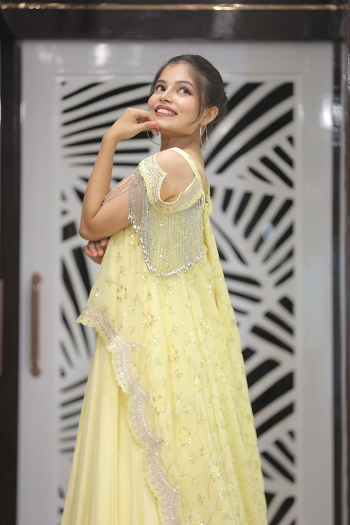 Yellow Georgette Gown with Sitara Handwork
